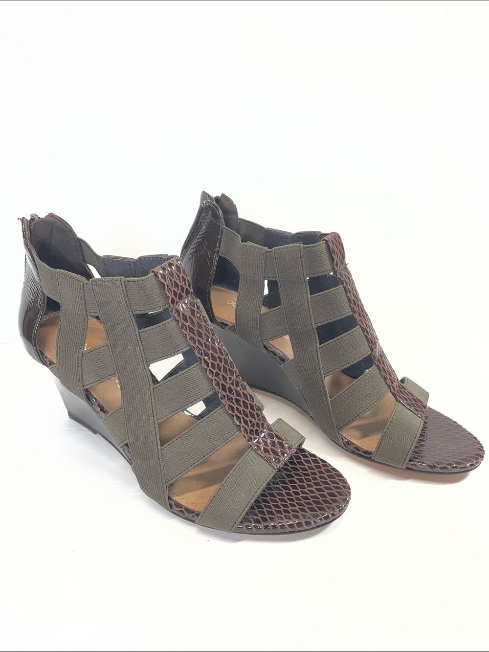 Donald J. Pliner Pira Olive and Brown Strappy Wedge Sandals